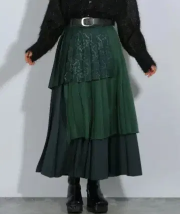 택 포함 미사용품 HARE 아지메 믹스 플리츠 스커트 그린