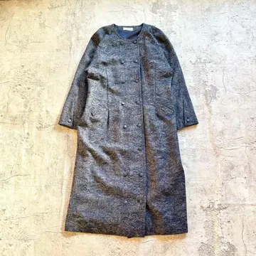 노카라 롱 코트 라메 믹스 더블 브레스트 L 네이비 트렌치코트