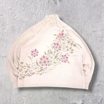 90s 플라워 디자인 니트 캐시미어 100% 어른 페미닌 페어리 그런지