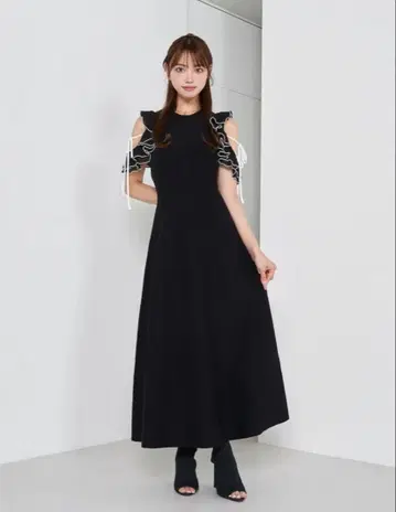 Darich 프릴 리본 니트 롱 원피스 BLACK
