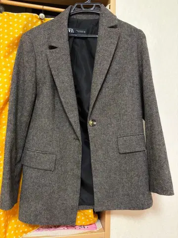 ZARA 그레이 헤링본 울 블레이저 S