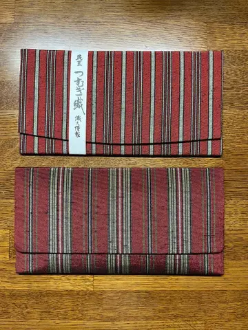 [ 미사용 ] 민예 츠무기 직조 스트라이프 패턴 빨간색 장지갑