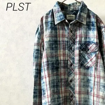 PLST 셔츠 긴팔 체크 무늬 가슴 포켓 면 100% 캐주얼 겉옷
