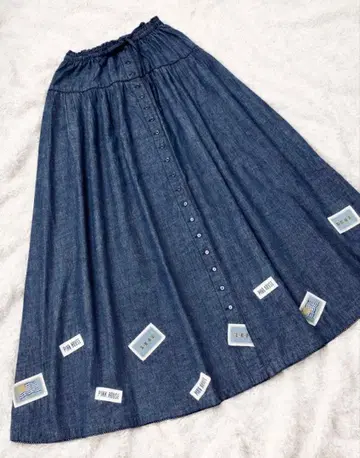 PINK HOUSE 데님 롱 스커트 와펜 올 패턴 프론트 오픈 면 인디고
