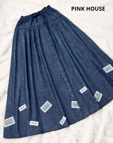 PINK HOUSE 데님 롱 스커트 와펜 올 패턴 프론트 오픈 면 인디고
