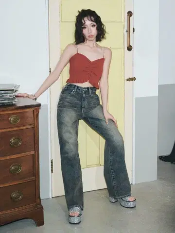 허리 비쥬 와이드 데님 팬츠