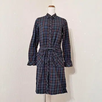 EASTBOY 체크 셔츠 원피스 긴팔 리본 네이비 [ 9 ]