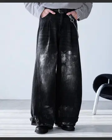 [ Spielio ] 빈티지 느낌 호일 프린트 와이드 데님 팬츠