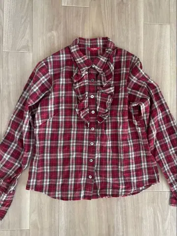 PINK HOUSE 빨간색 체크 프릴 블라우스 긴팔 레드 체크 M