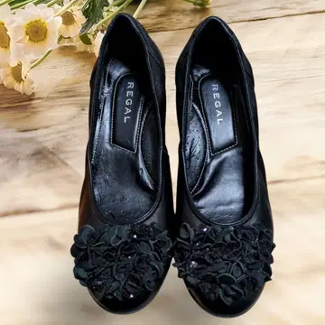 REGAL 리갈 가죽 발레 슈즈 꽃 모티브 천연 가죽 23.5 블랙