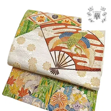 화 후쿠로 오비 꽃 부채 새 지초 베이지