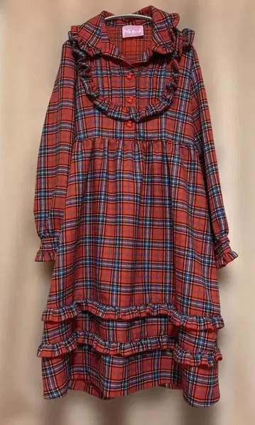 나일 퍼치 레드 계열 체크 긴팔 원피스