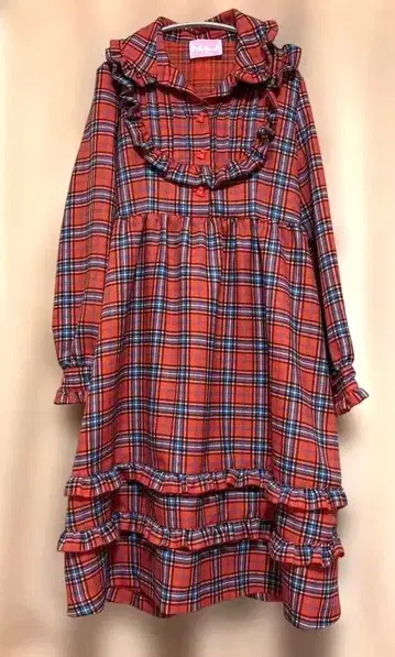 나일 퍼치 레드 계열 체크 긴팔 원피스