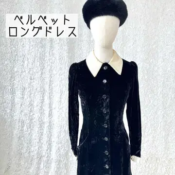 70s 벨벳 롱 원피스 화이트 카라 블랙 빈티지