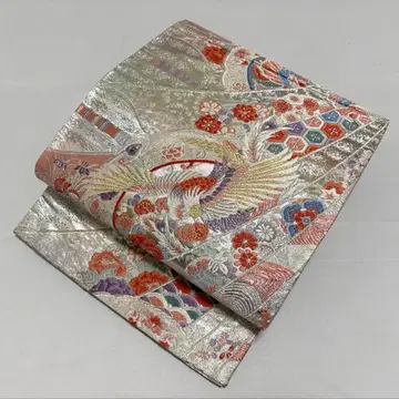 A 봉황과 꽃들 화문 금은사 순수 실크 육통 후쿠로 오비 포멀 O21