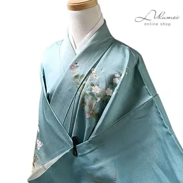 LULU46 기모노 순수 실크 츠케사게 파랑 자수 꽃무늬