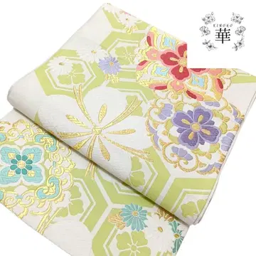 1030 화 화려한 후쿠로 오비 순수 실크 후리소데 꽃무늬 화이트