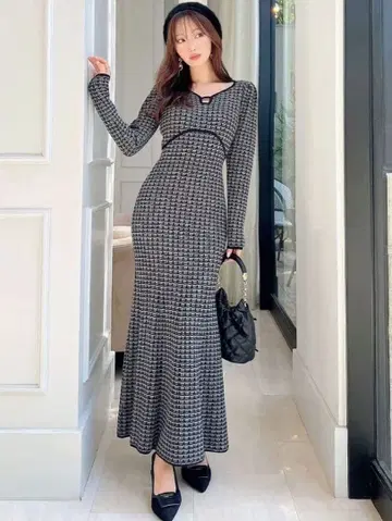 [ RESEXXY ] 바이컬러 트위드 니트 원피스 블랙