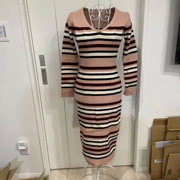 스트라이프 리브 롱 원피스