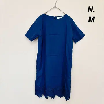 N. 반팔 원피스 블루 M 밑단 레이스 면 100%