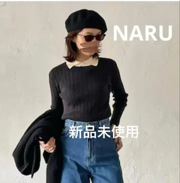 NARU 아사코 콜라보 랜덤 리브 카라 부착 니트