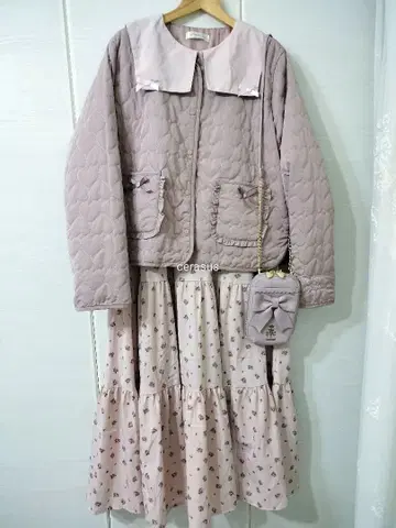 시마미사 코디 세트 퀼팅 자켓 미니 꽃무늬 세일러 원피스 핑크