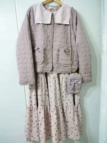 시마미사 코디 세트 퀼팅 자켓 미니 꽃무늬 세일러 원피스 핑크