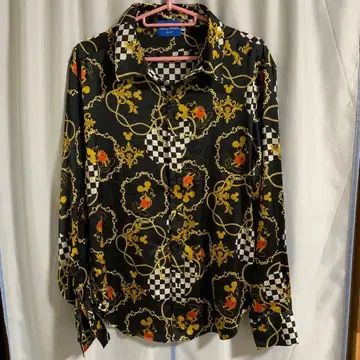 디즈니 미키마우스 광택 폴리에스테르 셔츠 올 패턴 블랙 스카프 패턴 S