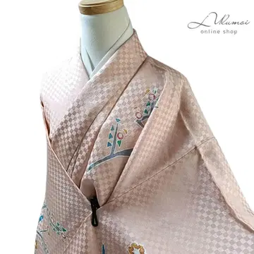 LULU47 기모노 순수 실크 츠케사게 핑크 이치마츠 꽃 새