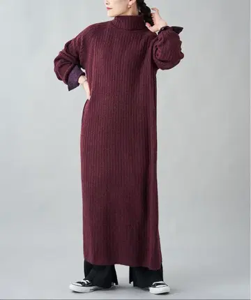 이아파피요네 리본 긴팔 니트 원피스 하이넥 롱 기장 크림슨