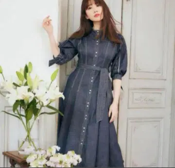 Chambray-trimmed Belted Long Dress