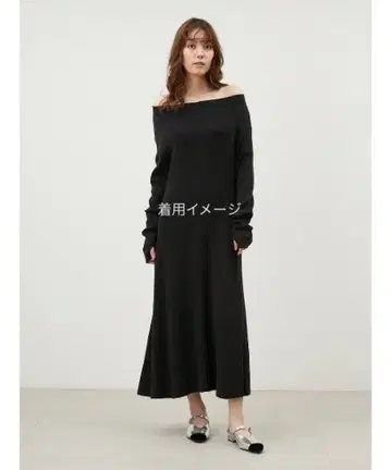 Mila Owen 오프숄더 롱 리브 니트 원피스 블랙