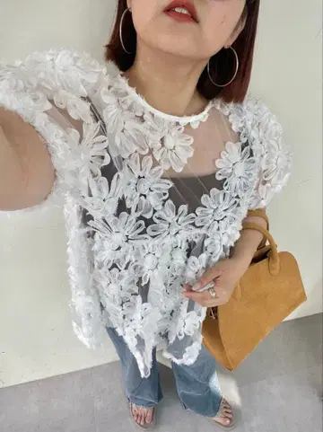 꽃무늬 튤 블라우스 화이트 반팔 상의 FREE 사이즈