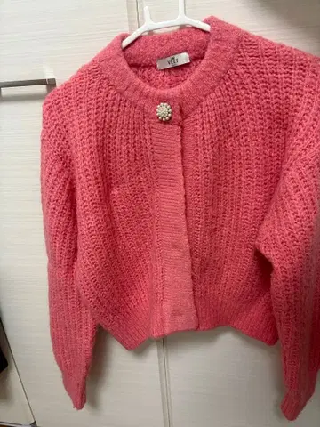 한국 핑크 니트 가디건 꽃 모양 버튼