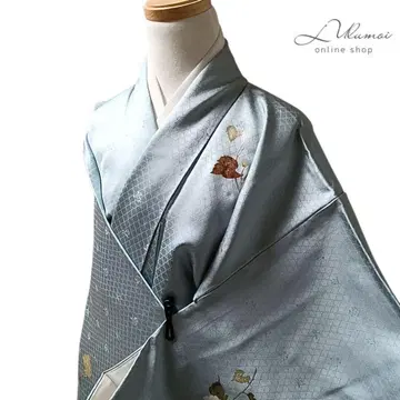 LULU47 기모노 순수 실크 츠케사게 파랑 보타니컬 잎 나전