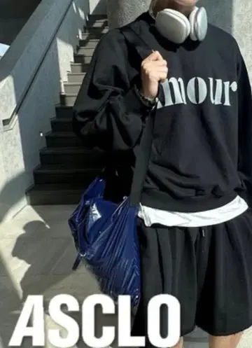 ASCLO (에쥬크로) 90S 맨투맨 블랙 면 100% 한국 코디