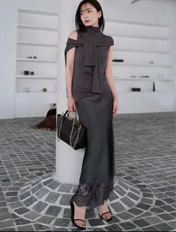 anuans 레이스 레이어드 새틴 내로우 스커트