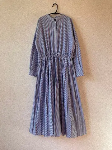 Ray BEAMS 스트라이프 밴드 카라 플리츠 원피스 맥시 길이