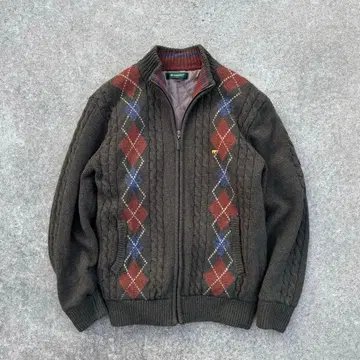 연말 감사제 니트 지퍼 블루종 카키 아가일 아메카지 캐주얼