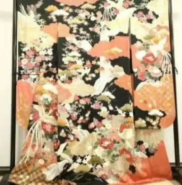 후리소데 꽃무늬 블랙 오렌지