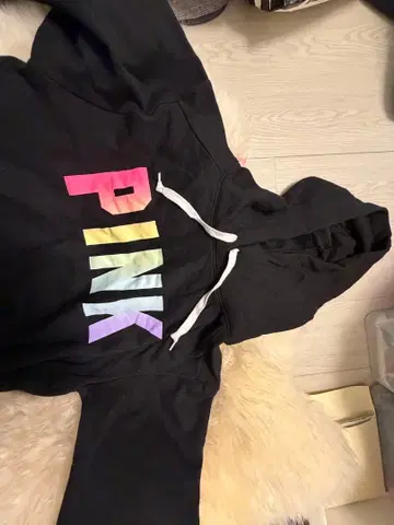 PINK 로고 프린트 블랙 후드티 S