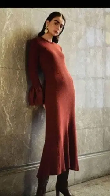 미라 오웬 소매 천 도킹 A라인 리브 니트 원피스