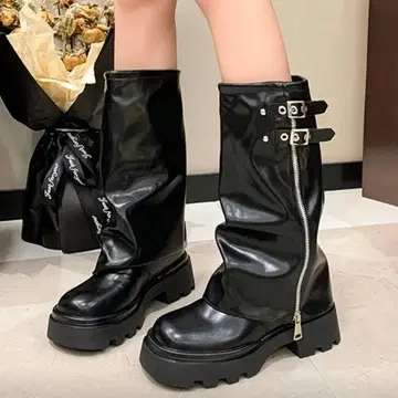 SHEIN 부츠 블랙 플랫폼 통굽 롱 부츠