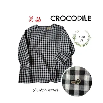 크로커다일 깅엄 체크 자수 튜닉 블라우스 블랙 x 화이트 M