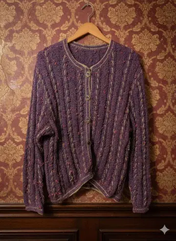 보라색 케이블 짜임 긴팔 가디건 고져스 버튼