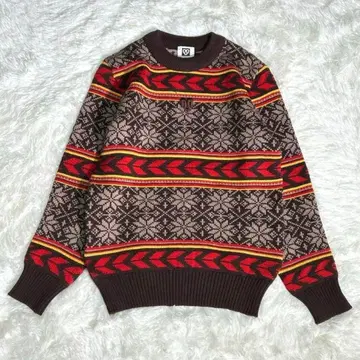 일본제 핸드메이드 노르딕 올 패턴 니트 자수 로고 브라운 울 100%