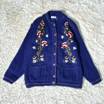 레트로 자수 아트 올 패턴 니트 가디건 모헤어 터치 보라색