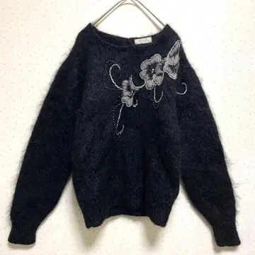 레트로 빈티지 80s 니트 스웨터 블랙 플러피 모헤어 울