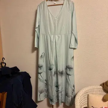 민트 그린 플라워 프린트 롱 원피스 M