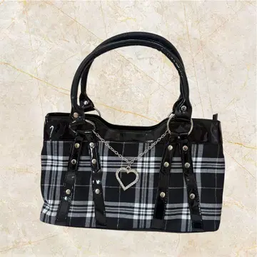 y2k 히메 스타일 갸루 페어리 그런지 체크 하트 백 블랙